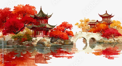 Chinese traditional art landscape with pavilions, red autumn trees, white bridge, ink and watercolor style