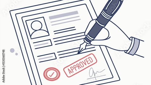 Illustration of a hand signing an approved document with a fountain pen on a white background sheet