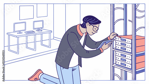 Technician kneeling and checking server racks with tablet in data center with desk and monitors visible