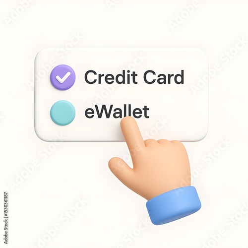 3D illustration of a hand selecting a payment method, ideal for UI/UX, fintech, or explainer content. Features floating pastel elements and a modern, minimal aesthetic suitable for tech design
