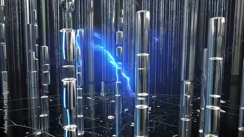 Abstract digital design featuring luminous cylinders and blue hues creating a futuristic vibe.