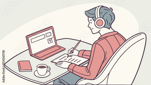 Illustration of a student with headphones studying at a desk with a laptop and writing on paper calmly