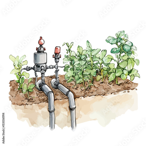 Drip Irrigation System, watercolor drawing vector, isolated on a white background.