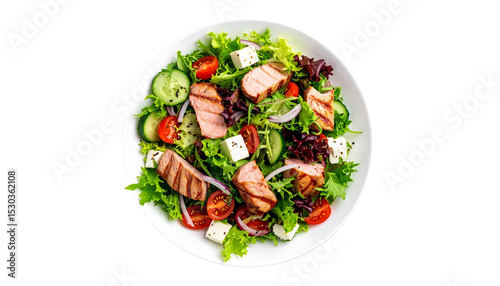 Healthy lunch menu. Diet food, vegetarian salad with grilled meat Isolated on Transparent Background, Top View