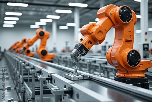 Advanced Robotic Arm in Automated Industrial Assembly Line Factory photo