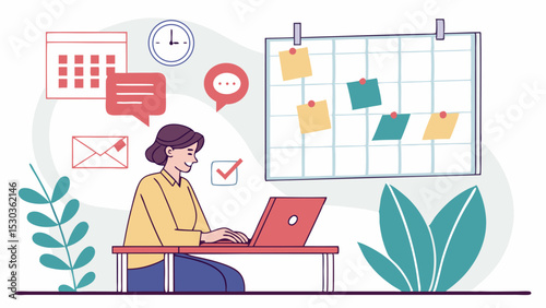 Illustration of a woman working on a laptop with a calendar, clock, and task board in the background