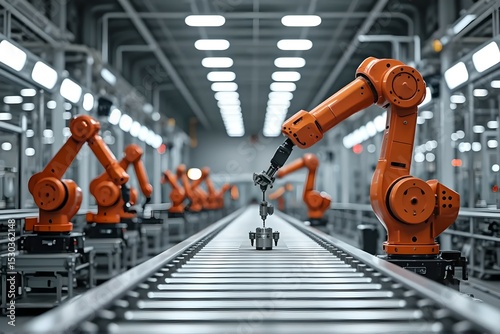 Advanced Robotic Arm in Automated Industrial Assembly Line Factory photo