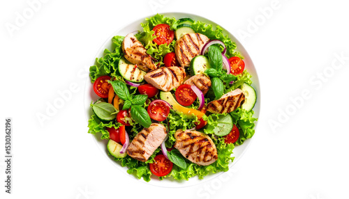 Healthy lunch menu. Diet food, vegetarian salad with grilled meat Isolated on Transparent Background, Top View