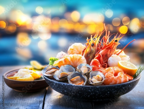 Fresh Seafood Display with Shrimp, Crab, and Shellfish on Table