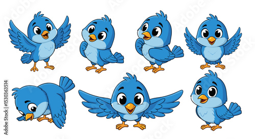 A Group of Cute Cartoon Blue Birds with Different Poses and Expressions In Nature