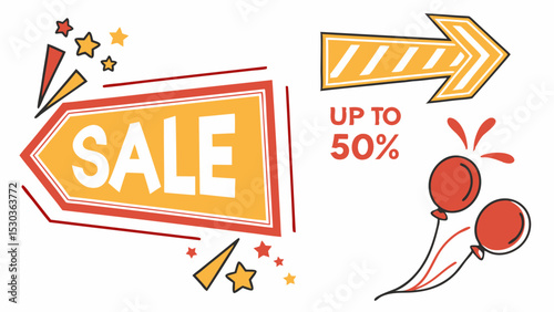 Illustration of sale banner with arrow, balloons, and stars indicating a promotional offer for customers