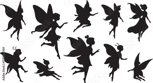Twelve fairy silhouettes collection isolated on white background