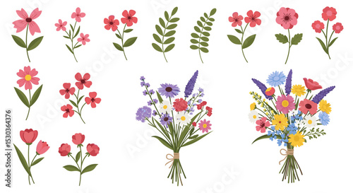 Floral Elements Illustration of Springtime Blooms and Lush Greenery for Natural Decoration