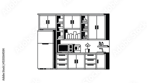 Kitchen with cabinets and appliances, simple black and white line drawing illustration