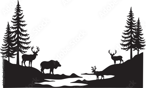 "Forest Silhouettes: A Wildlife Panorama"

"Woodland Creatures in Shadow Art"

"Nature's Harmony: Silhouette Wildlife Scene"