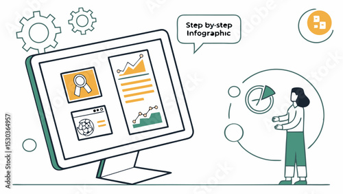 Illustration of a computer screen displaying charts and graphs with a woman standing nearby and gears above