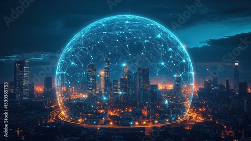 Futuristic Glowing Globe Over Cityscape at Night, Network Connection Concept