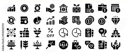 A diverse collection of icons representing finance, business, celebrations, and more