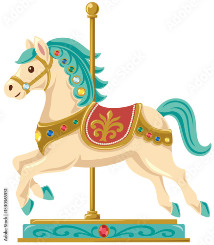 レトロでアンティークな陶器製の馬単体のカルーセルのベクターイラスト(Retro and Antique Porcelain Carousel Horse Vector Illustration)