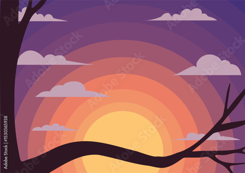 Sunset gradient over a serene silhouette thick tree branch and clouds. Relaxing vector landscape for tourism background.