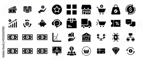 A diverse collection of commerce and finance icons, depicting various financial transactions and business concepts