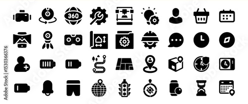 A diverse set of glyph icons covering various categories including technology, travel, time, and more