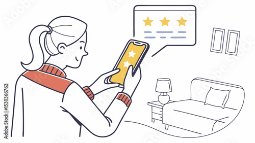 Woman using smartphone with star rating review in a bedroom setting with bed and lamp illustration
