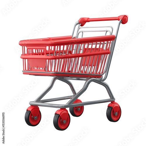 A red shopping cart with a silver frame and red wheels isolated on a black background in a studio shot