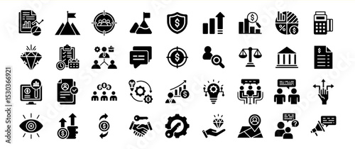 A comprehensive collection of business and finance icons, ideal for websites and applications