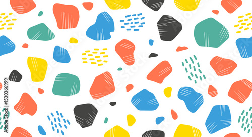 Colorful Abstract Terrazzo Pattern Design with Various Geometric Shapes and Scattered Elements for Background