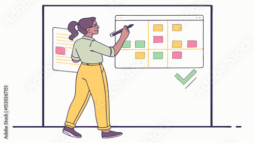 Woman standing and writing on a kanban board with colored sticky notes and a checklist on the side panel