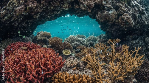 Colorful coral reef under underwater cave with sunlight and marine life