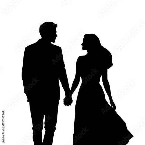 Silhouette of a couple holding hands, Perfect for romantic themes, wedding inspiration, and love stories