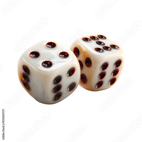 A close up shot of two white dice with black dots on a black background in a studio setting