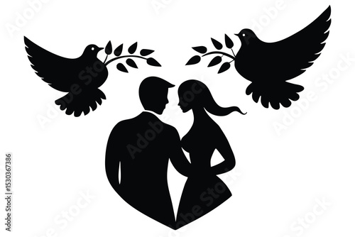 Romantic couple silhouette with love birds design