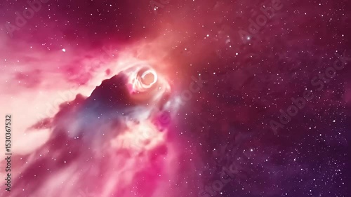 A stunning cosmic nebula illuminated in vibrant pink and purple hues.