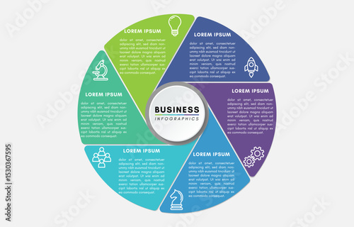 Strategic business infographic, circular data visualization with 6 steps or icons
