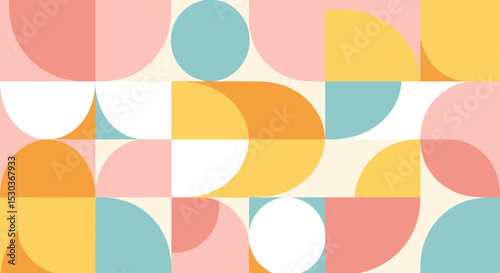 An array of geometric shapes of different colors and shapes in retro style