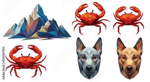 A Low-Poly Digital Art Representation of Mountain Peaks Crabs and Canine Companions