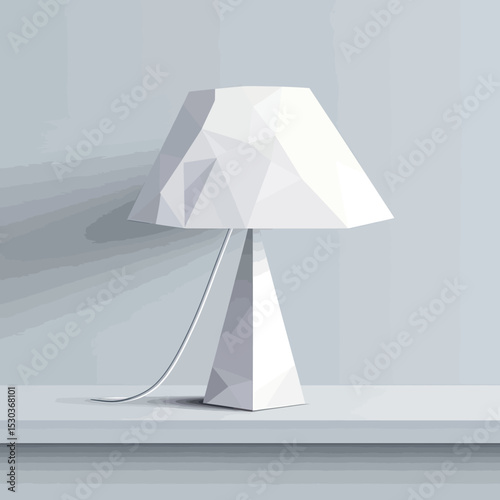White geometric polygonal table lamp with triangular facets modern minimalist design on gray surface interior decor concept low poly style vector illustration