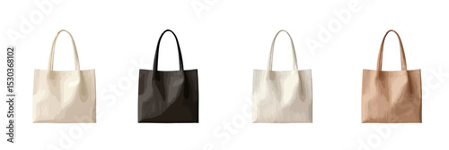 Set of four blank reusable cotton tote bags in beige, black, white, and light brown colors isolated on white background minimalist eco shopping bag mockup design front view