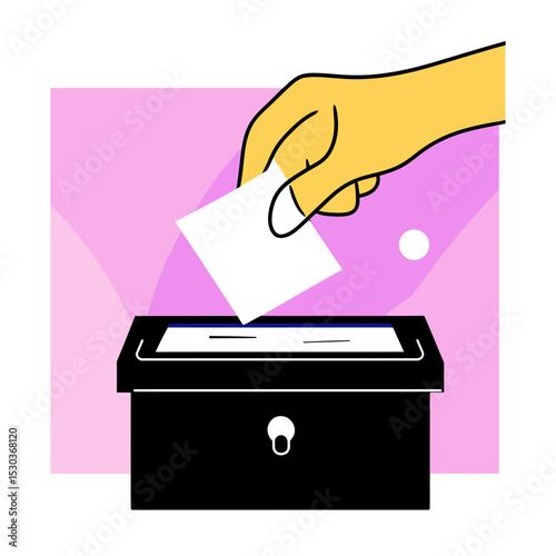 Hand inserting ballot paper into black locked voting box on purple background flat minimalist vector illustration of election or voting concept with secure ballot box and voting paper