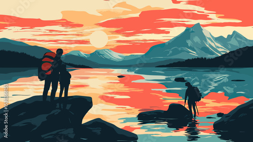 Silhouettes of backpackers exploring mountain lake with vibrant sunset sky reflection and dramatic clouds in flat vector style