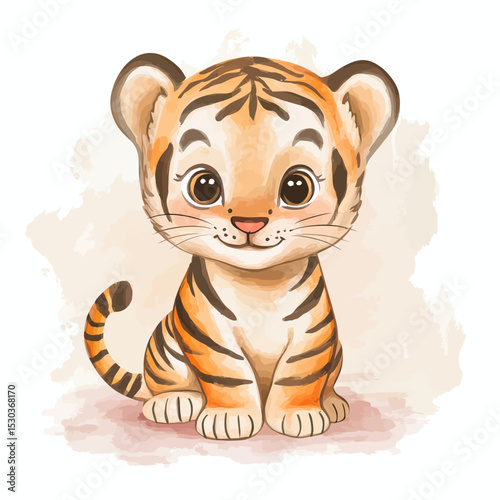 Cute baby tiger sitting smiling with big eyes watercolor style cartoon illustration on white background for children design and wildlife art decor concept vector image