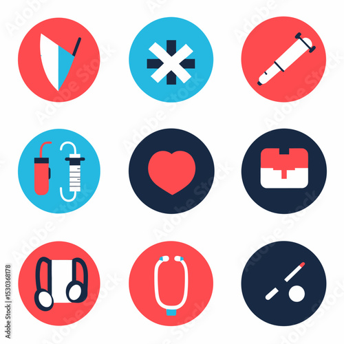 Set of nine flat minimalist medical icons including shield, syringe, heart, test tubes, first aid kit, stethoscope, and medical instruments in colorful round buttons