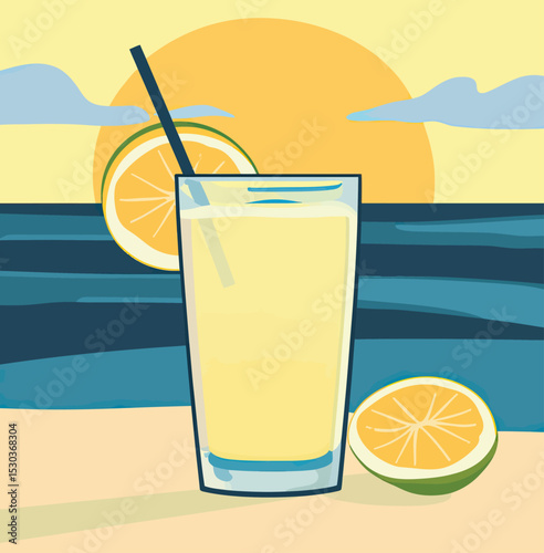 Glass of lemonade with straw on beach shore with lemon slices and sun setting over calm ocean waves flat minimalist vector illustration