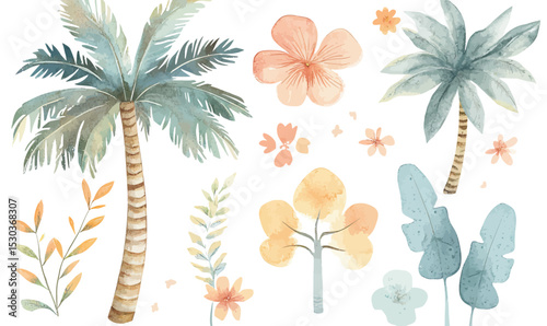 Watercolor tropical palm trees and exotic floral leaves in soft pastel colors flat minimalist style botanical garden illustration set for summer decor background design