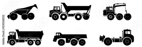 Silhouette set of heavy construction vehicles black and white flat minimalist style icons including dump truck excavator and tractor equipment for industry and transport use