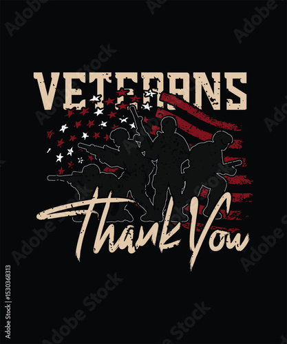 A powerful image expressing gratitude to veterans with silhouetted soldiers against a distressed American flag backdrop.