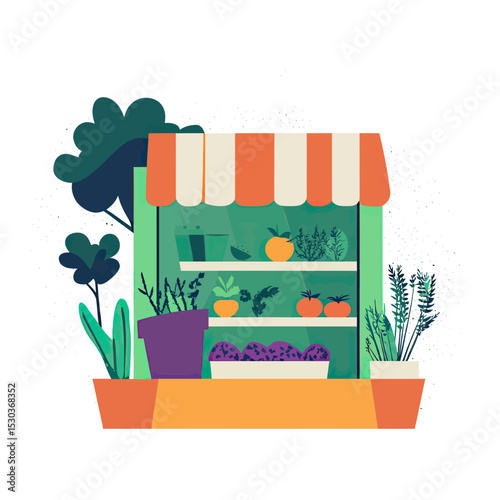 Flat minimalist vector illustration of organic shop market stall with fruits vegetables herbs potted plants and striped awning